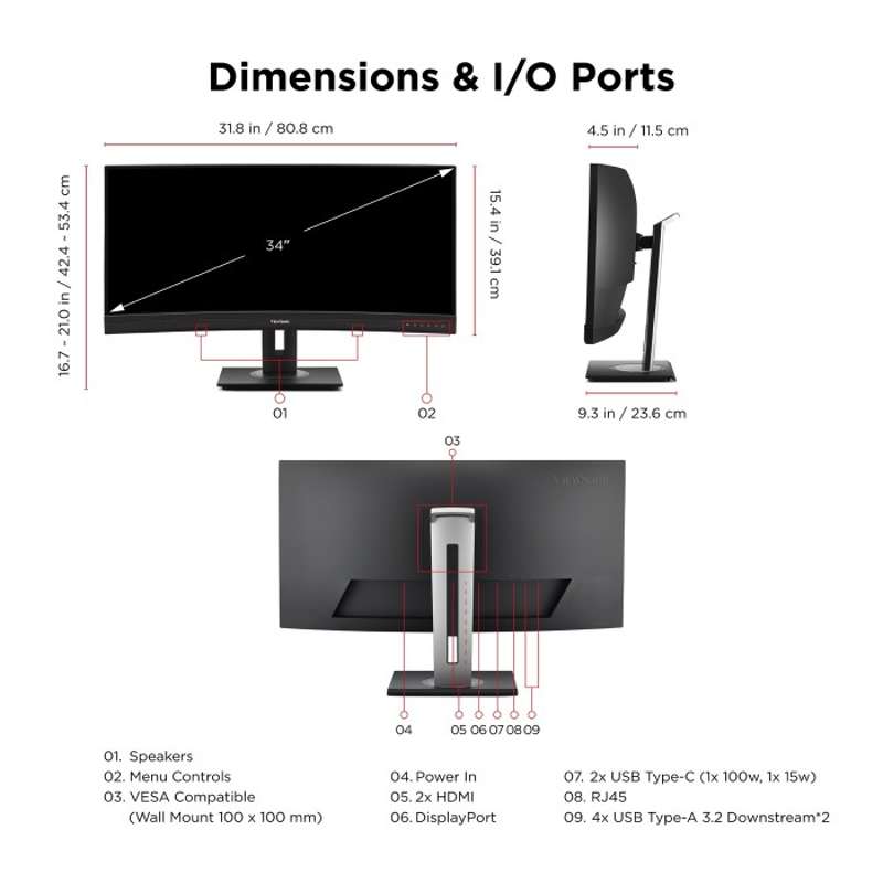 Viewsonic 34" UWQHD Curved USB-C Docking Monitor with 100W Power Delivery & RJ45 Ethernet