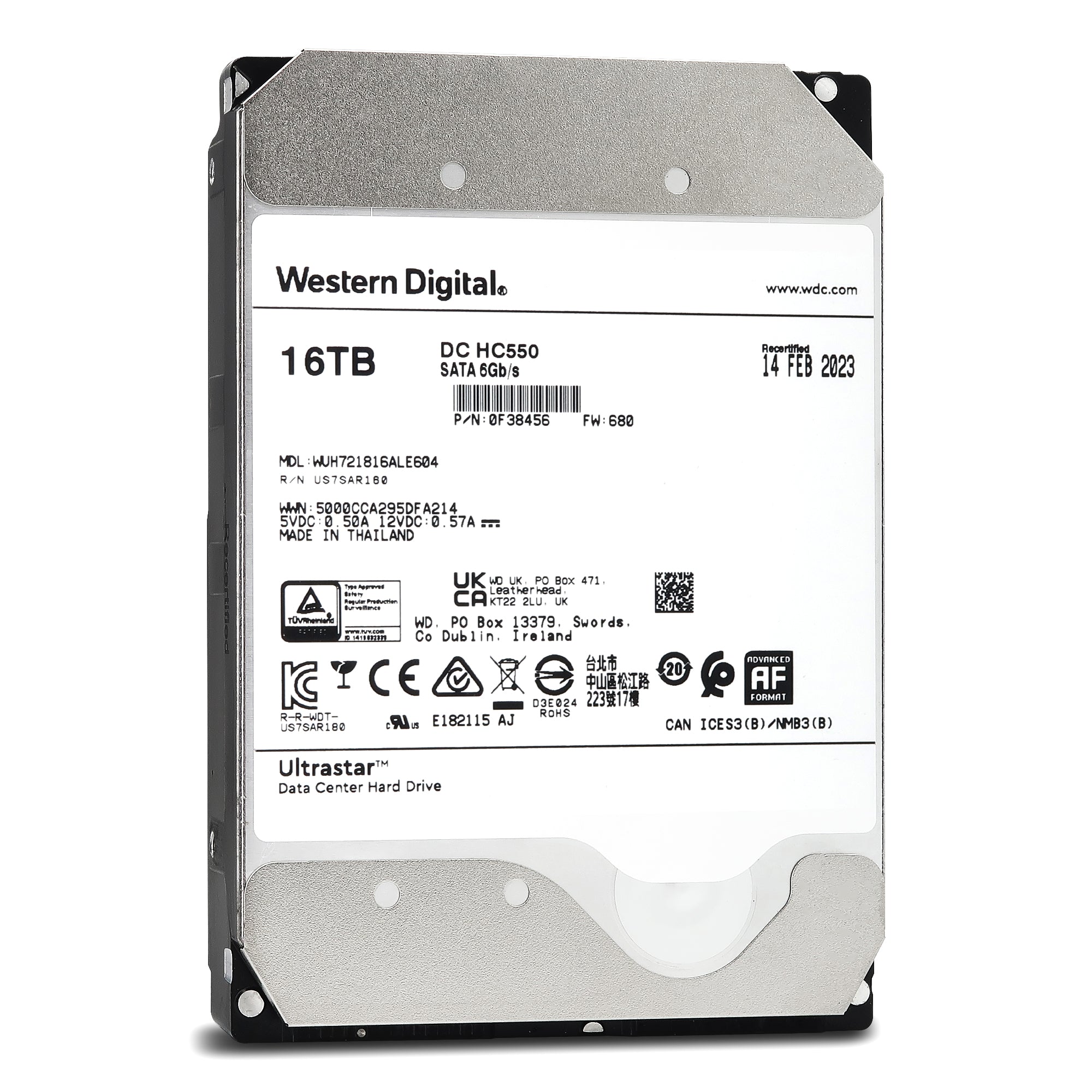 Western Digital Ultrastar DC HC550 WUH721816ALE604 0F38456 16TB 7.2K RPM SATA 6Gb/s 512e Power Disable 3.5in Recertified Hard Drive