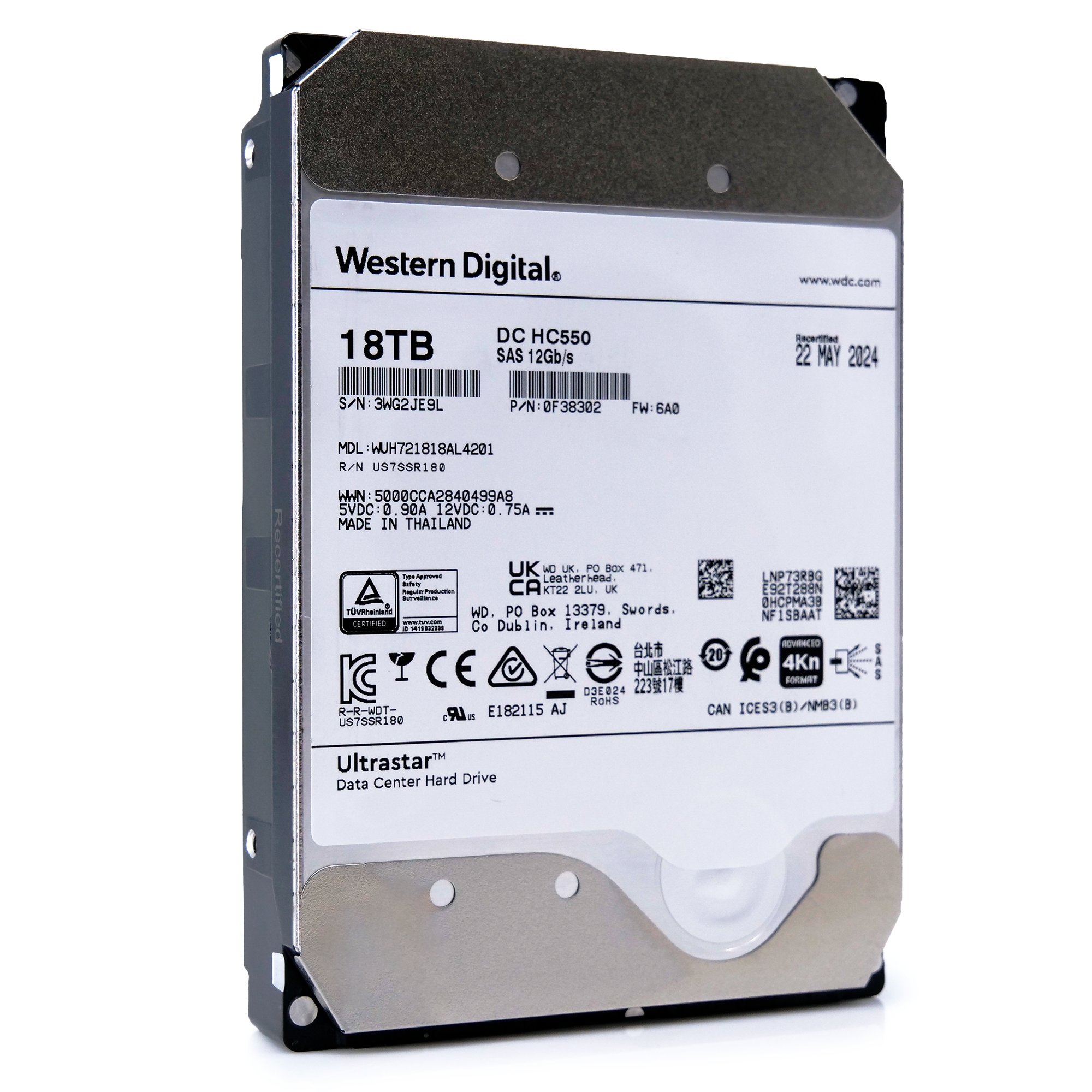 Western Digital Ultrastar HC550 WUH721818AL4201 0F38302 18TB 7.2K RPM SAS 12Gb/s 4Kn 3.5in Recertified Hard Drive