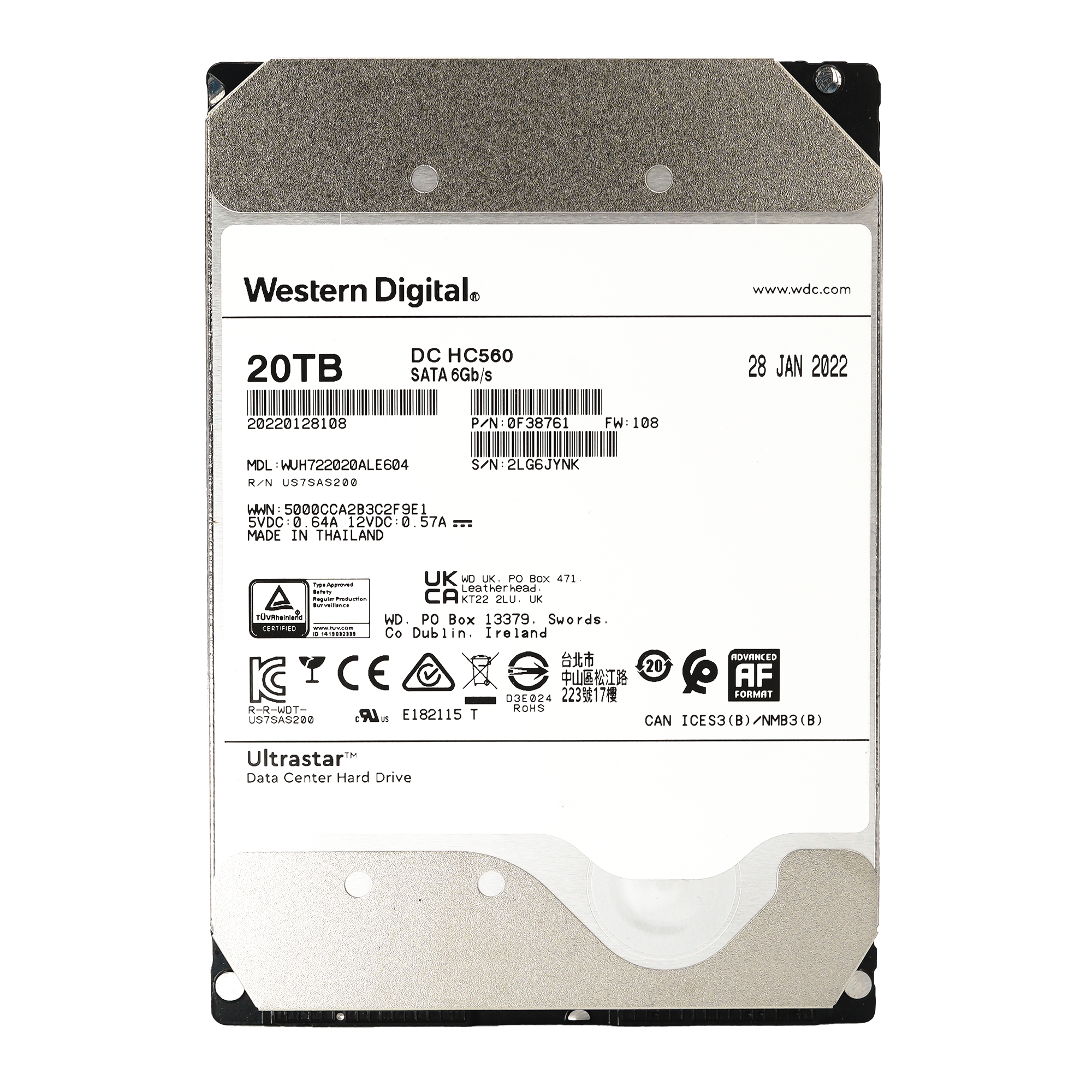Western Digital Ultrastar HC560 WUH722020ALE604 0F38761 20TB 7.2K RPM Power Disable SATA 6Gb/s 512e 3.5in Hard Drive