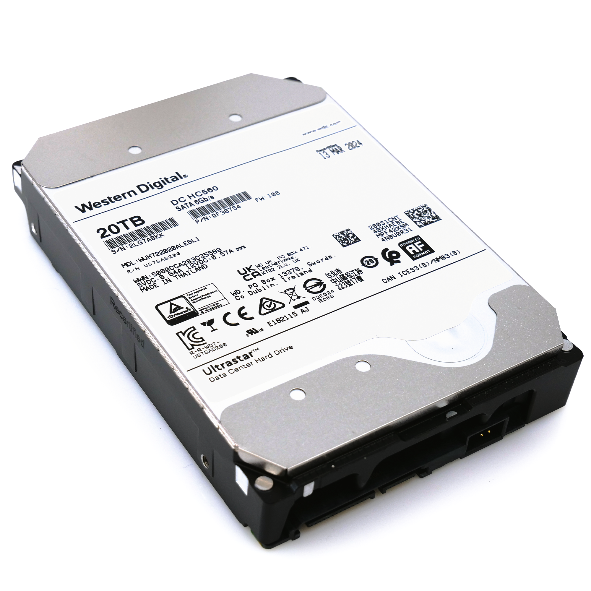 Western Digital Ultrastar DC HC560 WUH722020ALE6L1 0F38754 20TB 7.2K RPM SATA 6Gb/s SED 3.5in Recertified Hard Drive