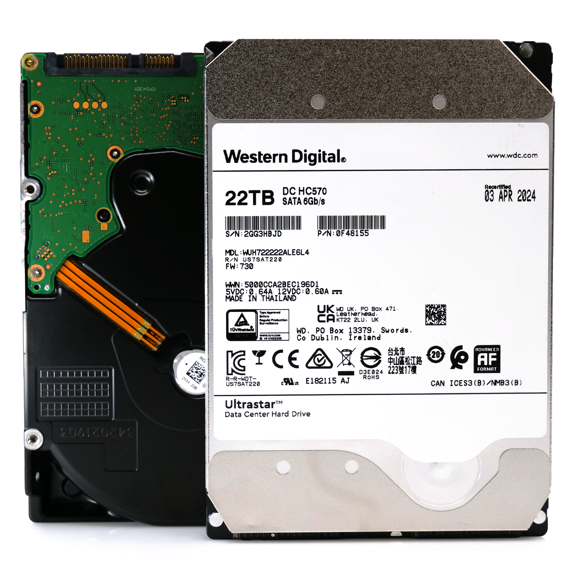 Western Digital Ultrastar DC HC570 WUH722222ALE6L4 0F48155 22TB 7.2K RPM SATA 6Gb/s 512e SE 3.5in Recertified Hard Drive
