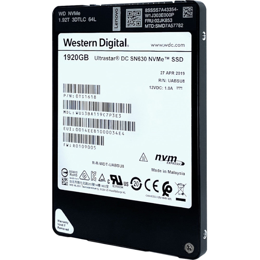 Lenovo Ultrastar DC SN630 WUS3BA119C7P3E3 0TS1618 1.92TB PCIe Gen 3.1 x4 4GB/s U.2 NVMe 2.5in Refurbished SSD