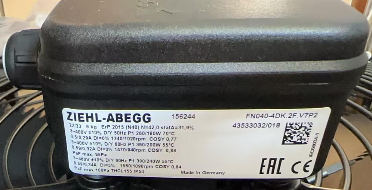 FN040-4DK.2F.V7P2 400V 0.38/0.18kW 0.29/0.68A 1020/1560rpm ZIEHL-ABEGG Axial Fan