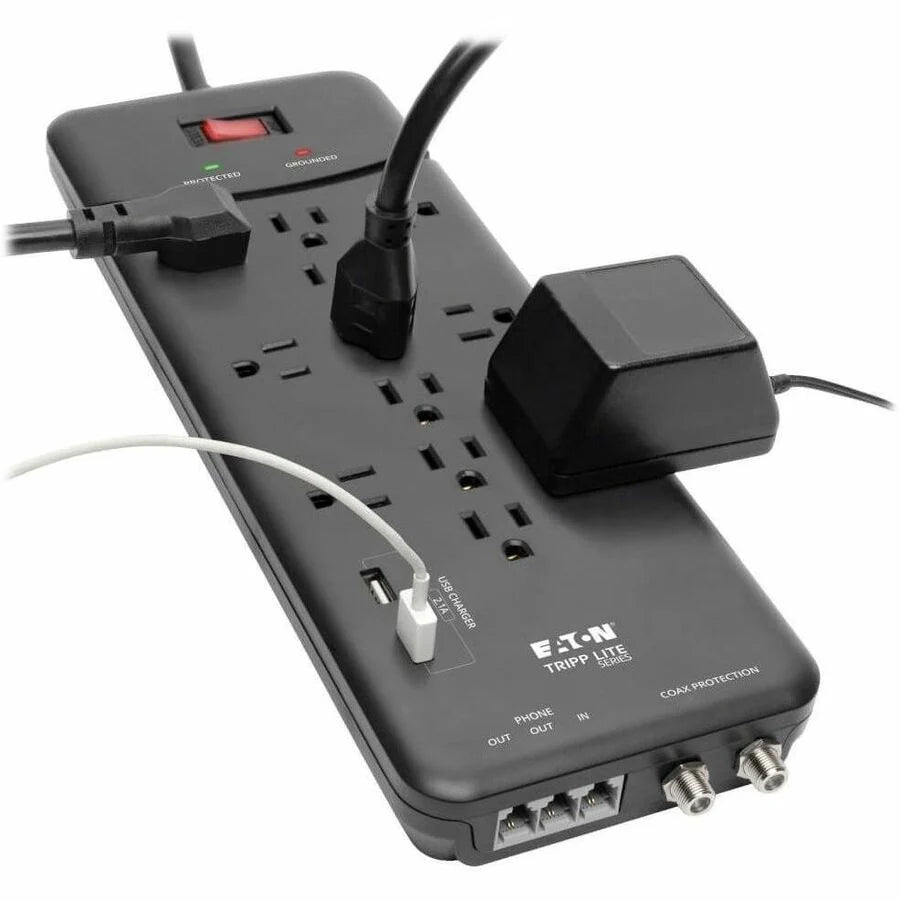 Eaton Tripp Lite Series Protect It! 12-Outlet Surge Protector, 8 ft. (2.43 m) Cord, 4320 Joules, Tel/Modem/Coax Protection, 2 USB Ports, Black