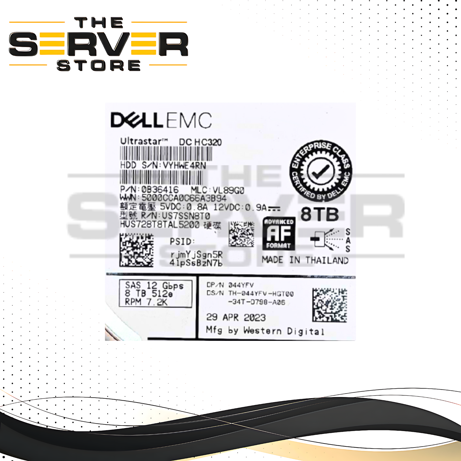 Dell 8TB SAS 12G 7.2K 3.5" HDD H320 HUS728T8TAL5200 Tray G14/13/12 044YFV 44YFV
