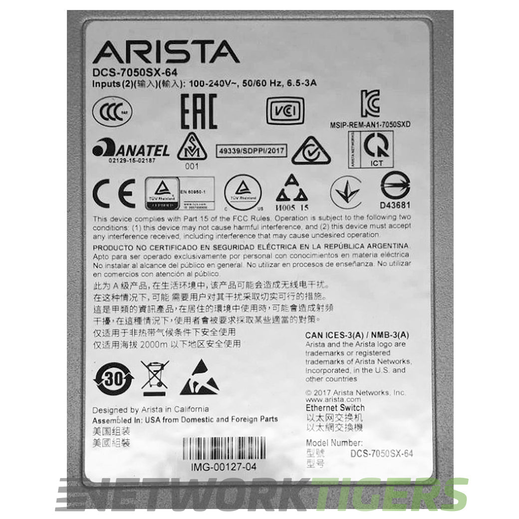 Arista DCS-7050SX-64-R 48x 10GB SFP+ 4x 40GB QSFP+ Back-to-Front Airflow Switch