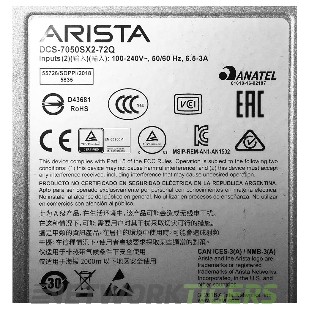 Arista DCS-7050SX2-72Q-R 48x 10GB SFP+ 6x 40GB QSFP+ Back-to-Front Air Switch