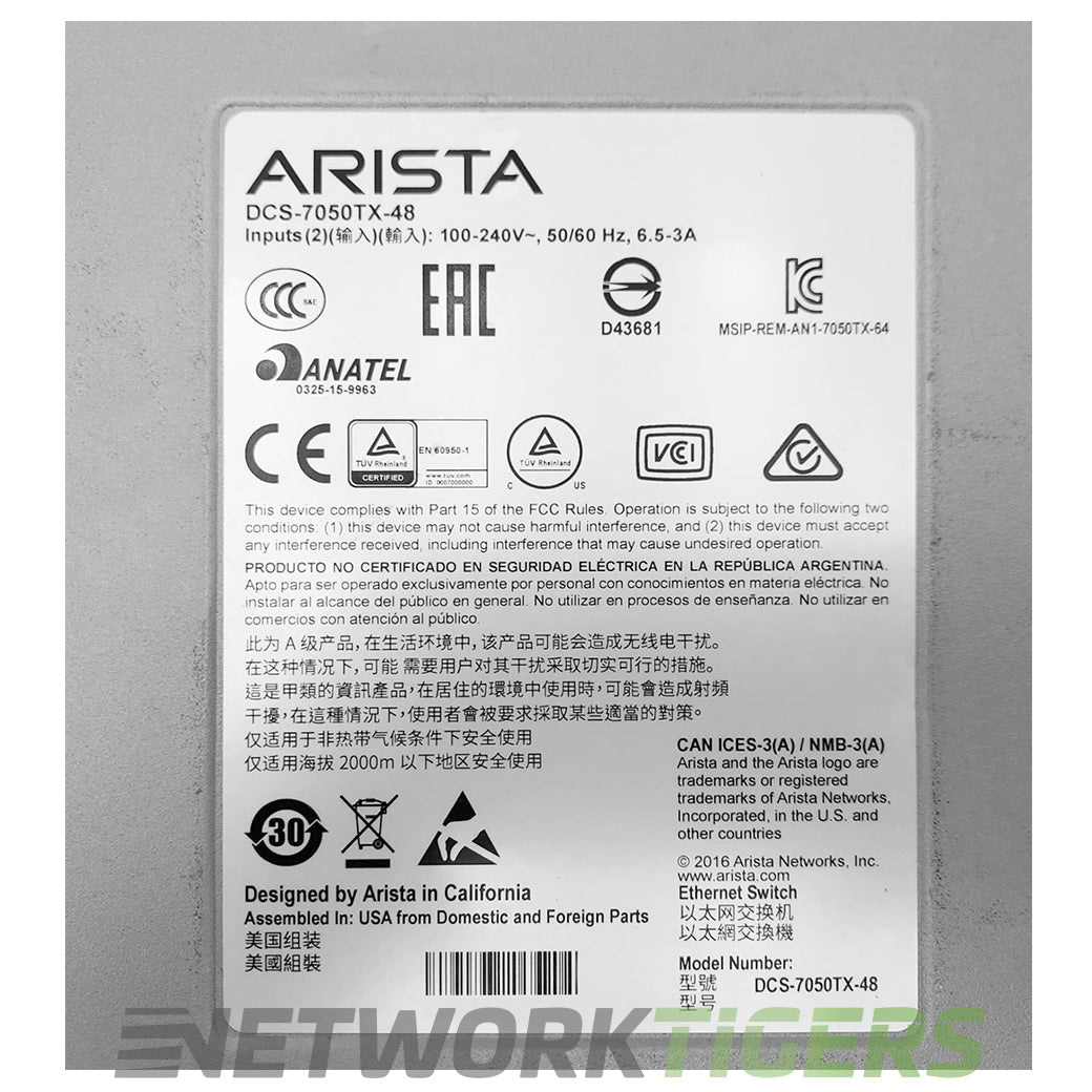 Arista DCS-7050TX-48-R 32x 10GB Copper 4x 40GB QSFP+ B-F Airflow Switch