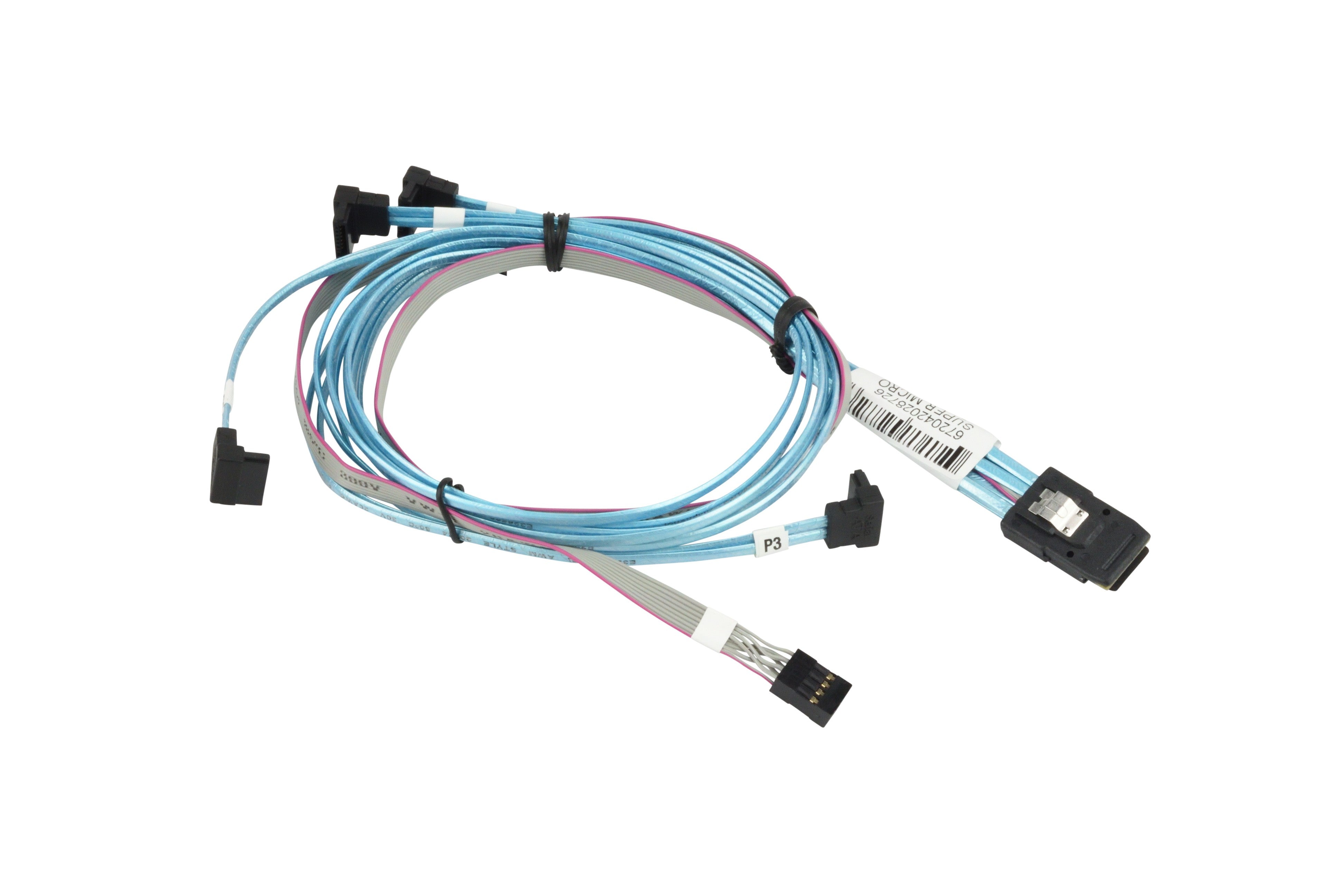 Supermicro CBL-0288L MiniSAS to (4) SATA Split Cable. Right Angle SATA connectors. Used.