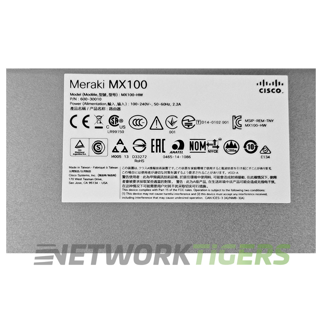 Cisco Meraki MX100-HW 750 Mbps 8x 1GB RJ45 2x 1GB SFP LAN Unclaimed Firewall