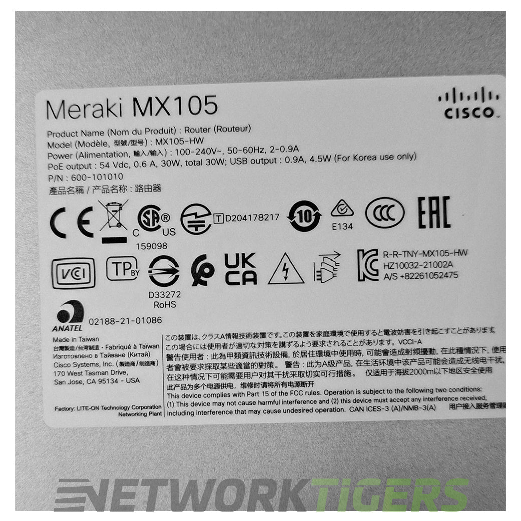 Cisco Meraki MX105-HW 3 Gbps 4x 1GB RJ45 4x 10GB SFP+ Unclaimed Firewall