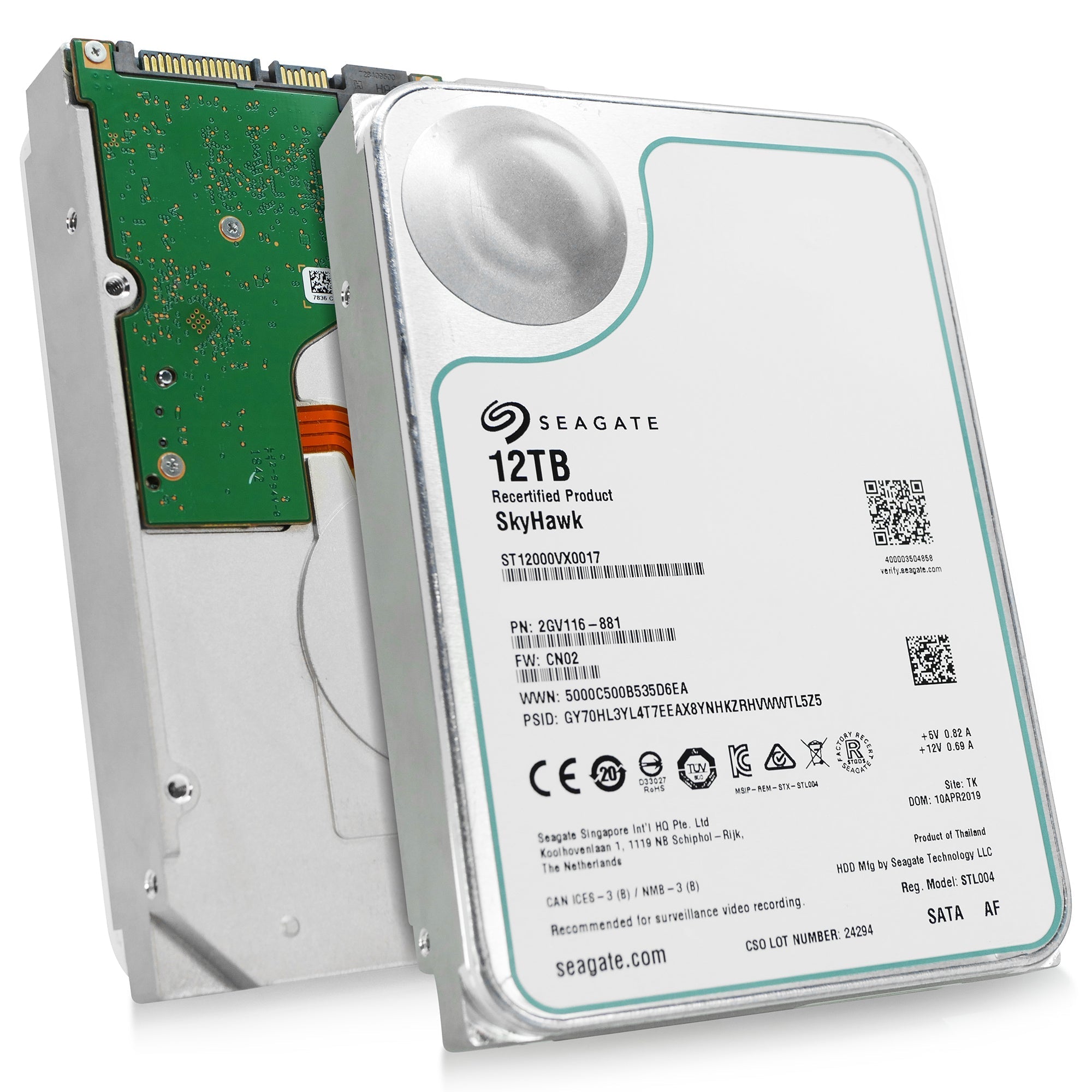 Seagate SkyHawk ST12000VX0017 12TB 7.2K RPM SATA 6Gb/s 512e 3.5in Recertified Hard Drive