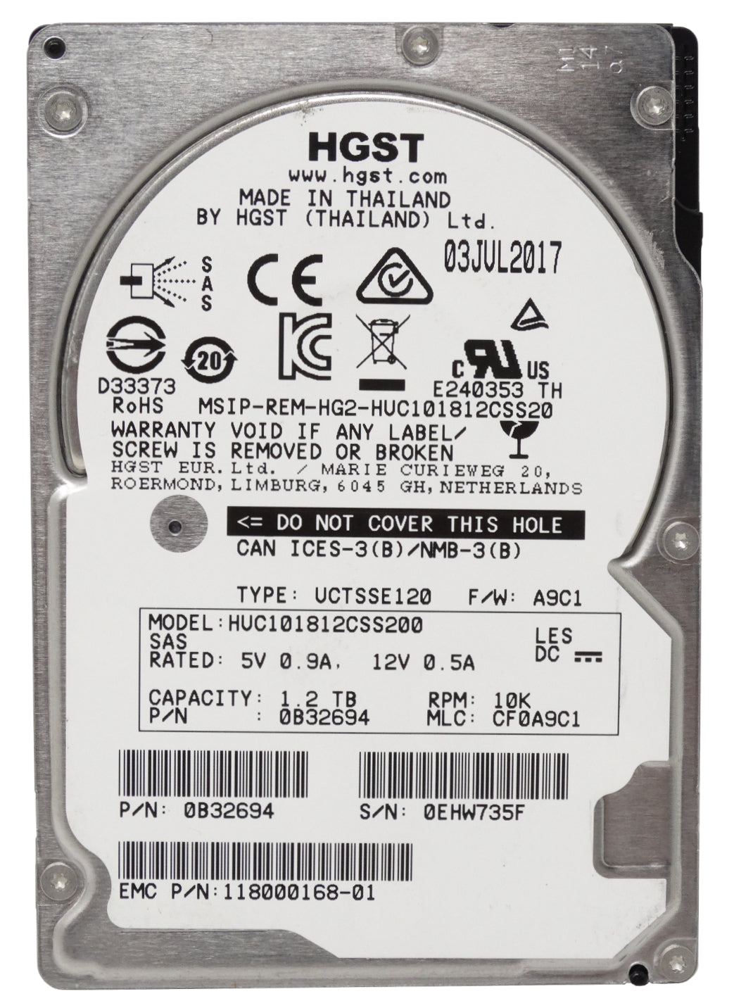 EMC 1.2TB 10K 12GB/s SAS 2.5'' HDD Hard Drive (118000168-01)