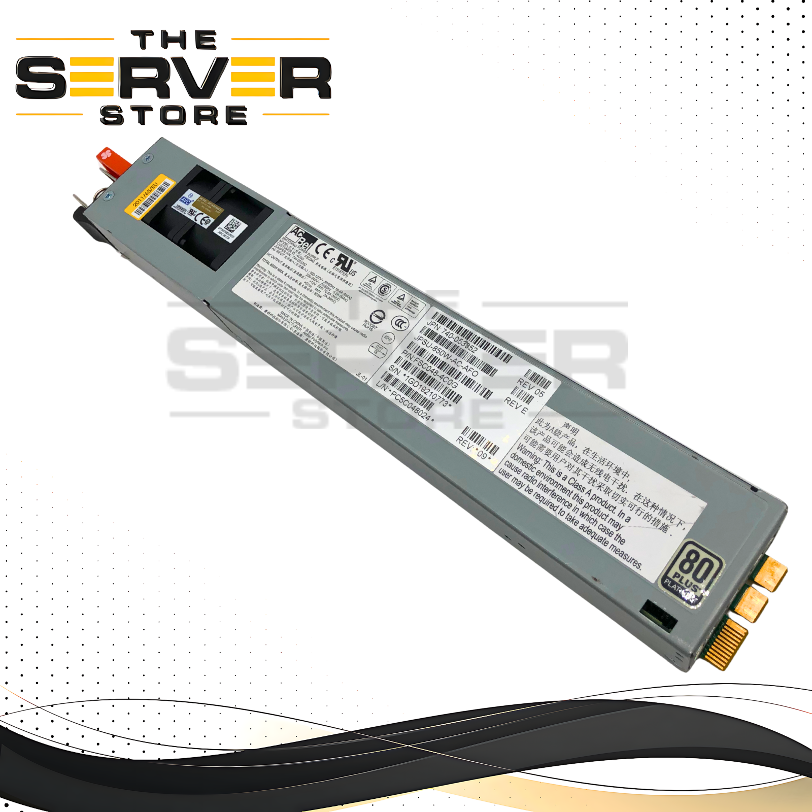 Juniper 850W 80+ Platinum Hot-Swap AC Power Supply for QFX5100 & QFX5200 Switches. AFO (Front-to-Back Airflow). P/N: 740-053352, FSC048-4C0, JPSU-850W-AC-AFO.