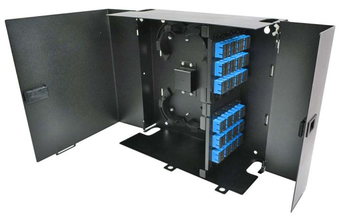 Wall Mount Enclosure 8 Panel Deluxe Loaded with 8 Duplex LC/APC Plates Pigtails & Splice Trays Black