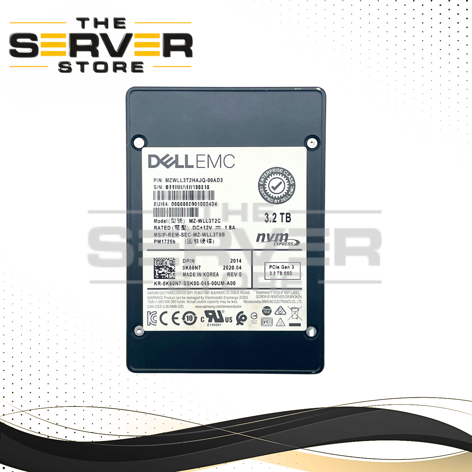Dell EMC 3.2TB NVMe U.2 PCIe Gen 3.0 x4 SFF 2.5" MU SSD Samsung PM1725b MZ-WLL3T2C 0K60N7 K60N7