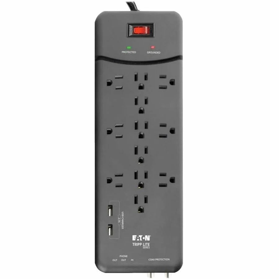 Eaton Tripp Lite Series Protect It! 12-Outlet Surge Protector, 8 ft. (2.43 m) Cord, 4320 Joules, Tel/Modem/Coax Protection, 2 USB Ports, Black