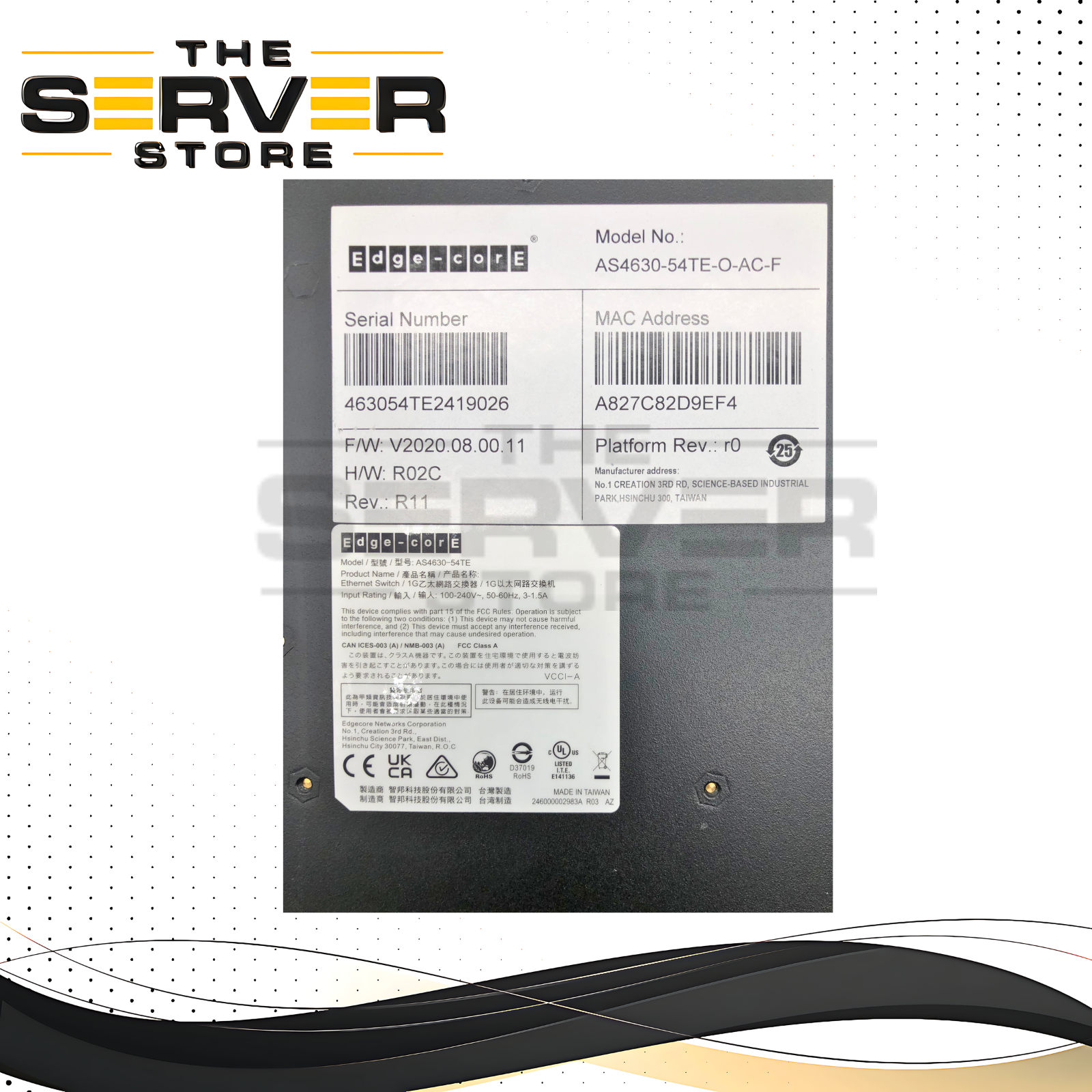 Edge-Core EPS201 48x1GBASE-T, 4x 10G/25G SFP28, 2x 100G QSFP28 L2/L3 Network Switch with Port-to-Power (Front-to-Back) Airflow. P/N: AS4630-54TE-O-AC-F.