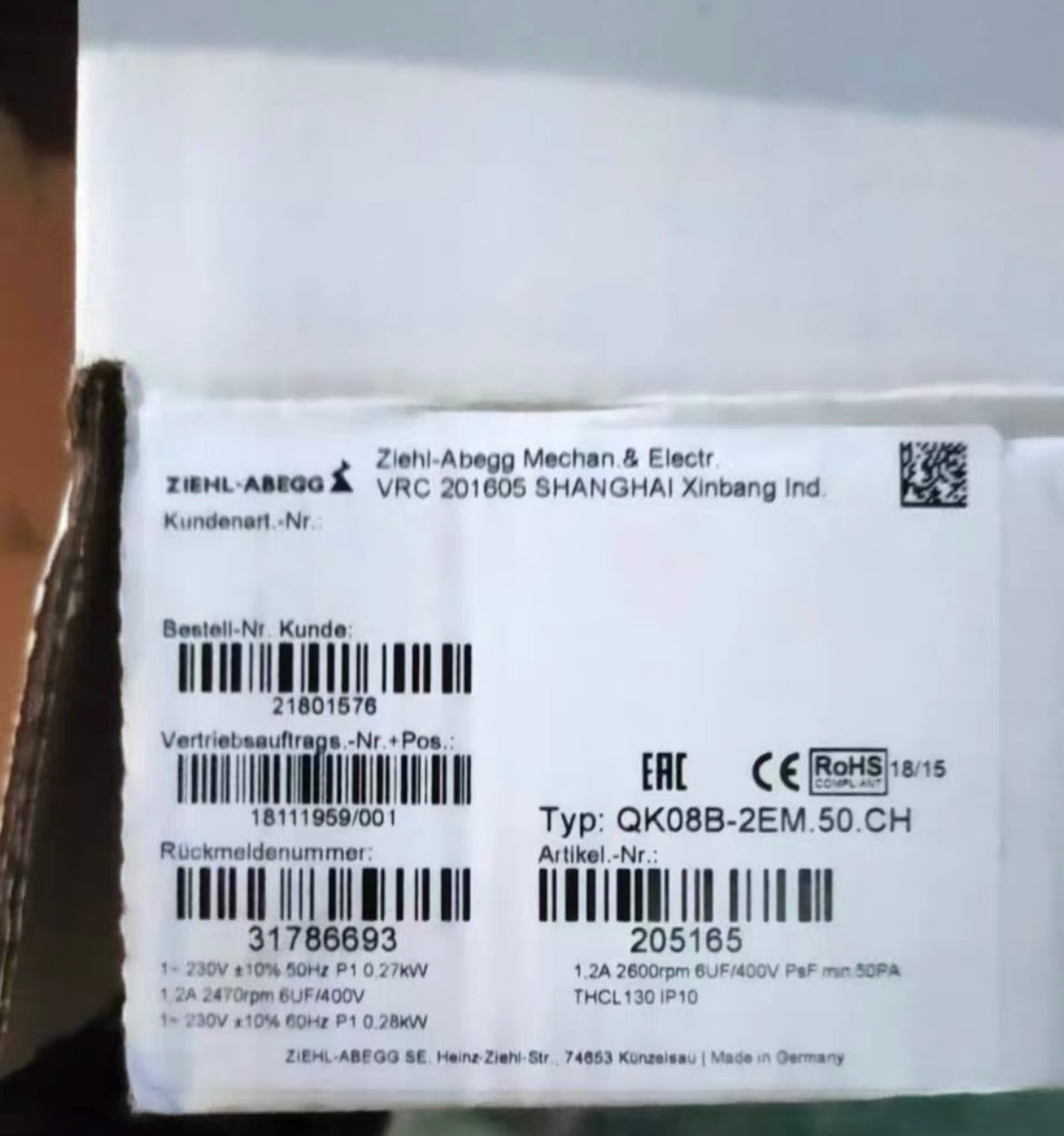 QK08B-2EM.50.CH ZIEHL-ABEGG Crossflow fan 1~230V 0.27/0.28kW 1.2A 2470/2600rpm