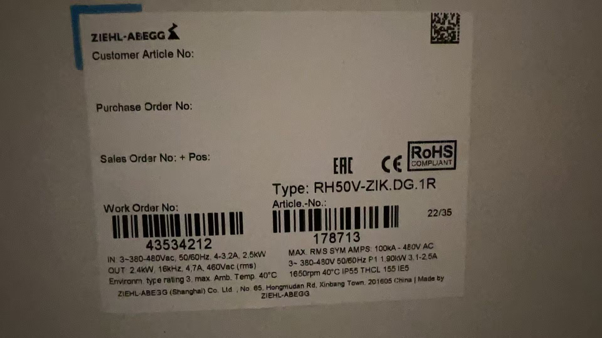 RH50V-ZIK.DG.1R ZIEHL-ABEGG centrifugal fan 380/480V 2500W 4/3.2A 1650rpm