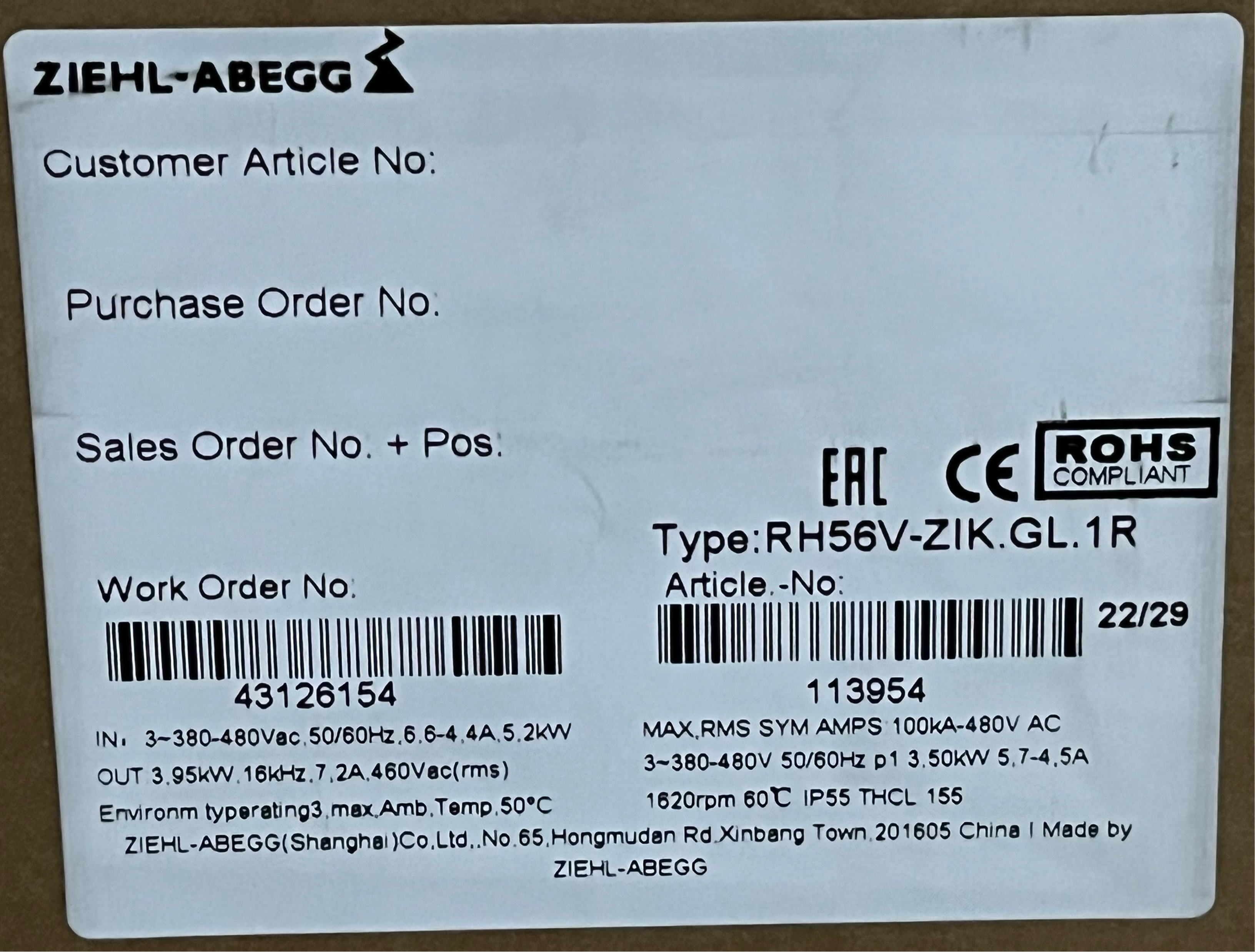 RH56V-ZIK.GL.1R ZIEHL-ABEGG centrifugal fan 3-380/480V 3.2kW 9.6/8.0A 1570rpm