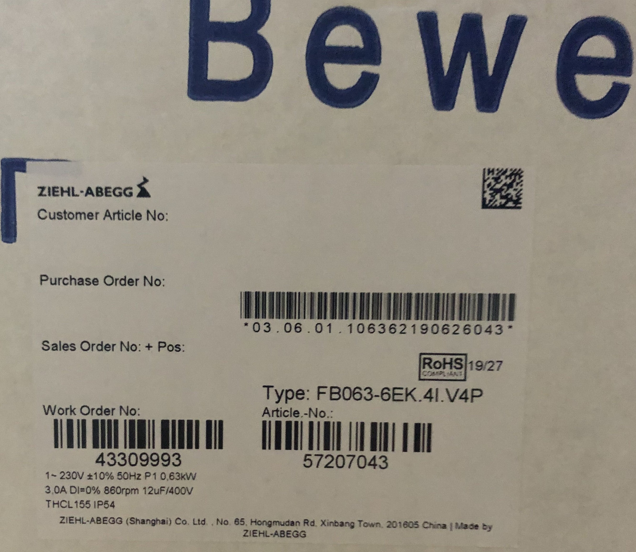 FB063-6EK.4I.V4P ZIEHL-ABEGG Axial Fan 230V 0.47kW 2.3A 920rpm
