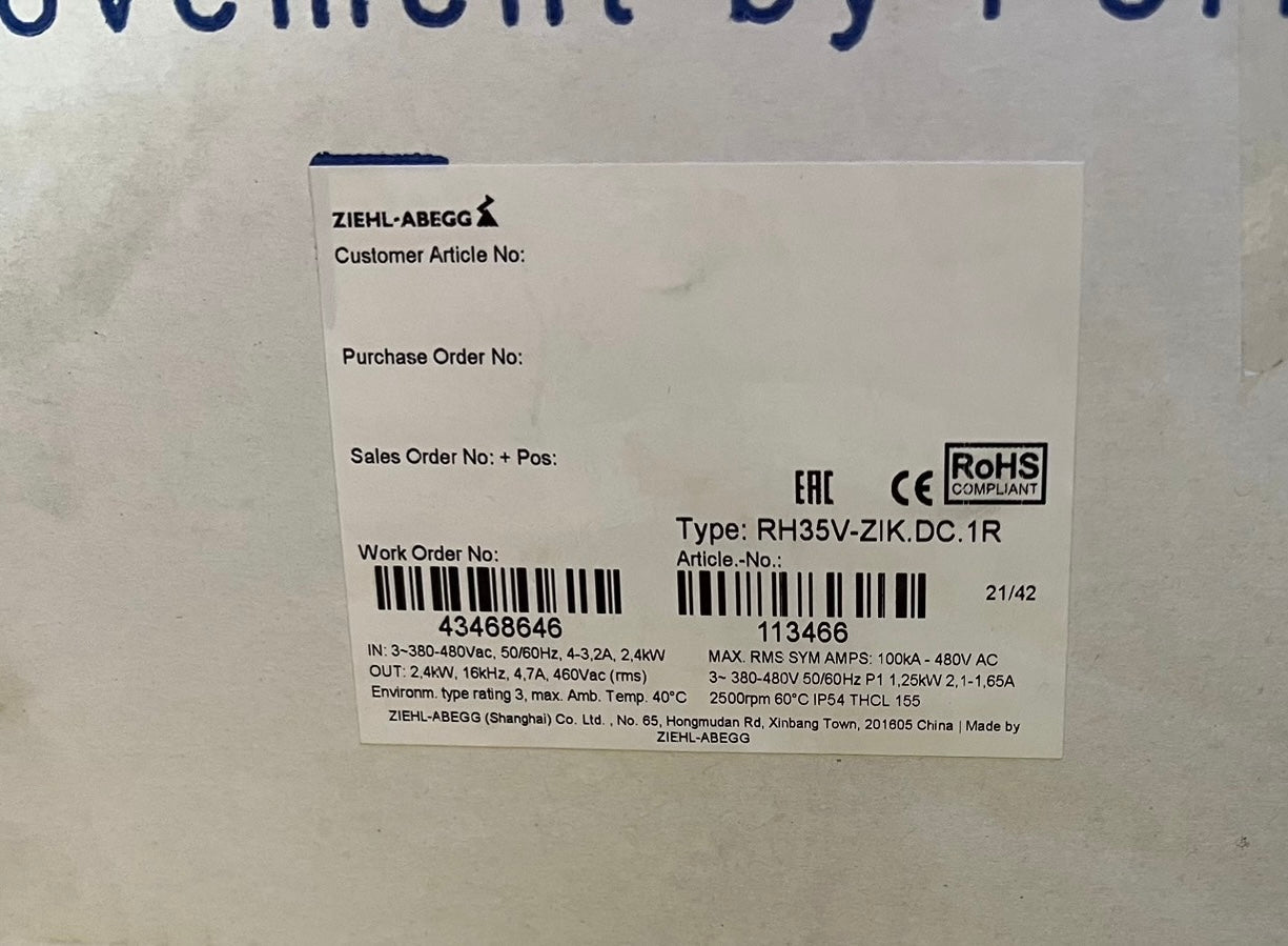 Brand new RH35V-ZlK.DC.1R  ZIEHL-ABEGG centrifugal fan 200-277V/380-480V 0.86kW 2200RPM