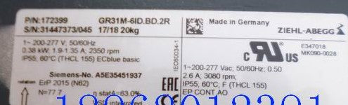 GR31M-61D.BD.2R  ZIEHL-ABEGG centrifugal fan 200-277V 0.38KW 1.9/1.35A 1350rpm