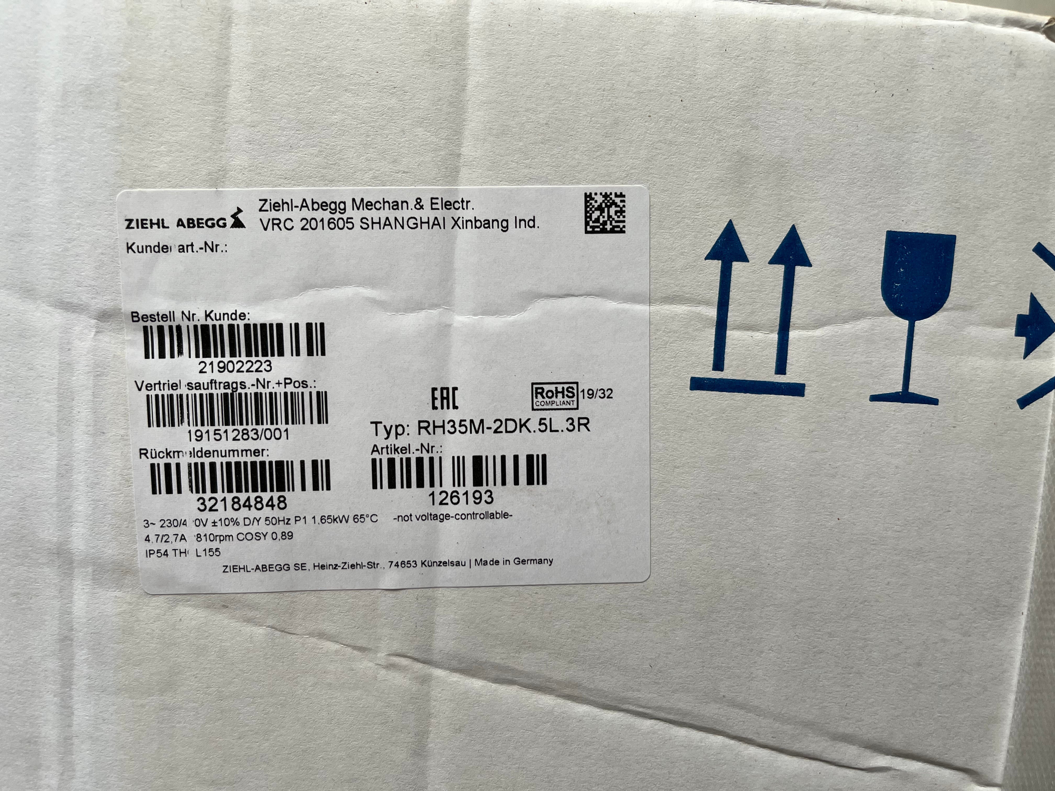 Brand new RH35M-2DK.5L.3R  ZIEHL-ABEGG centrifugal fan 3~ 230/400V 50Hz 1650W 2810r/min