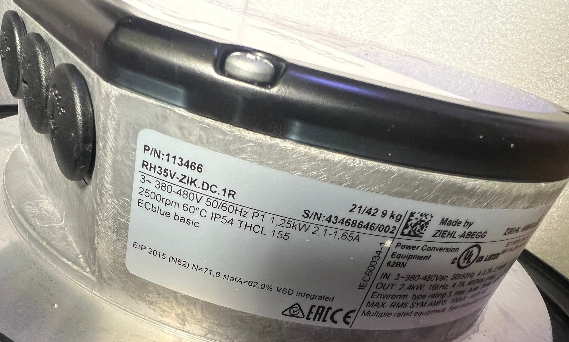 RH35V-ZIK.DC.1R ZIEHL-ABEGG centrifugal fan 380-400V 1.25kW 2.4-1.9A 2500RPM