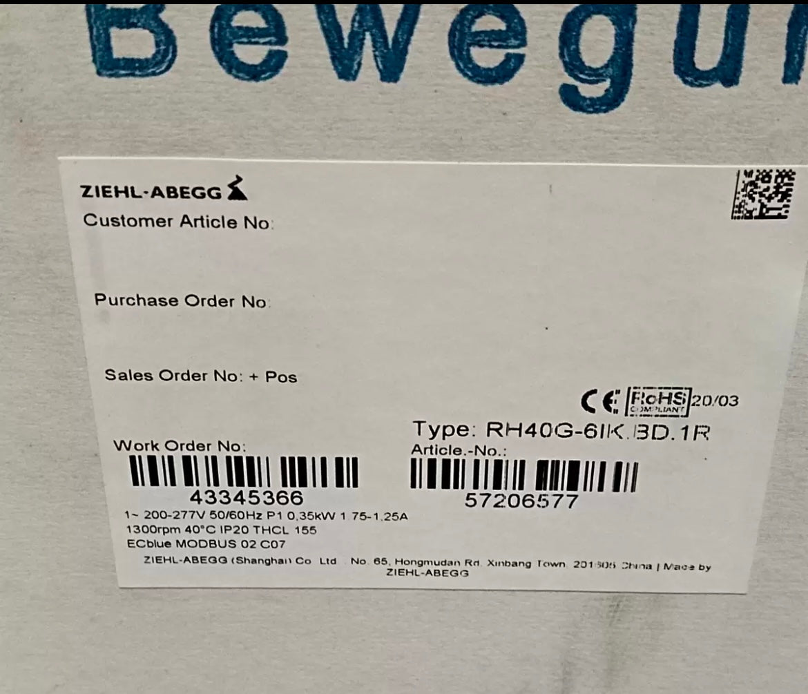 RH40G-6IK.BF.1R 57201423 ZIEHL-ABEGG centrifugal fan 1-200-277V 50/60HZ 0.5kW 2.6/1.9A 1410rpm