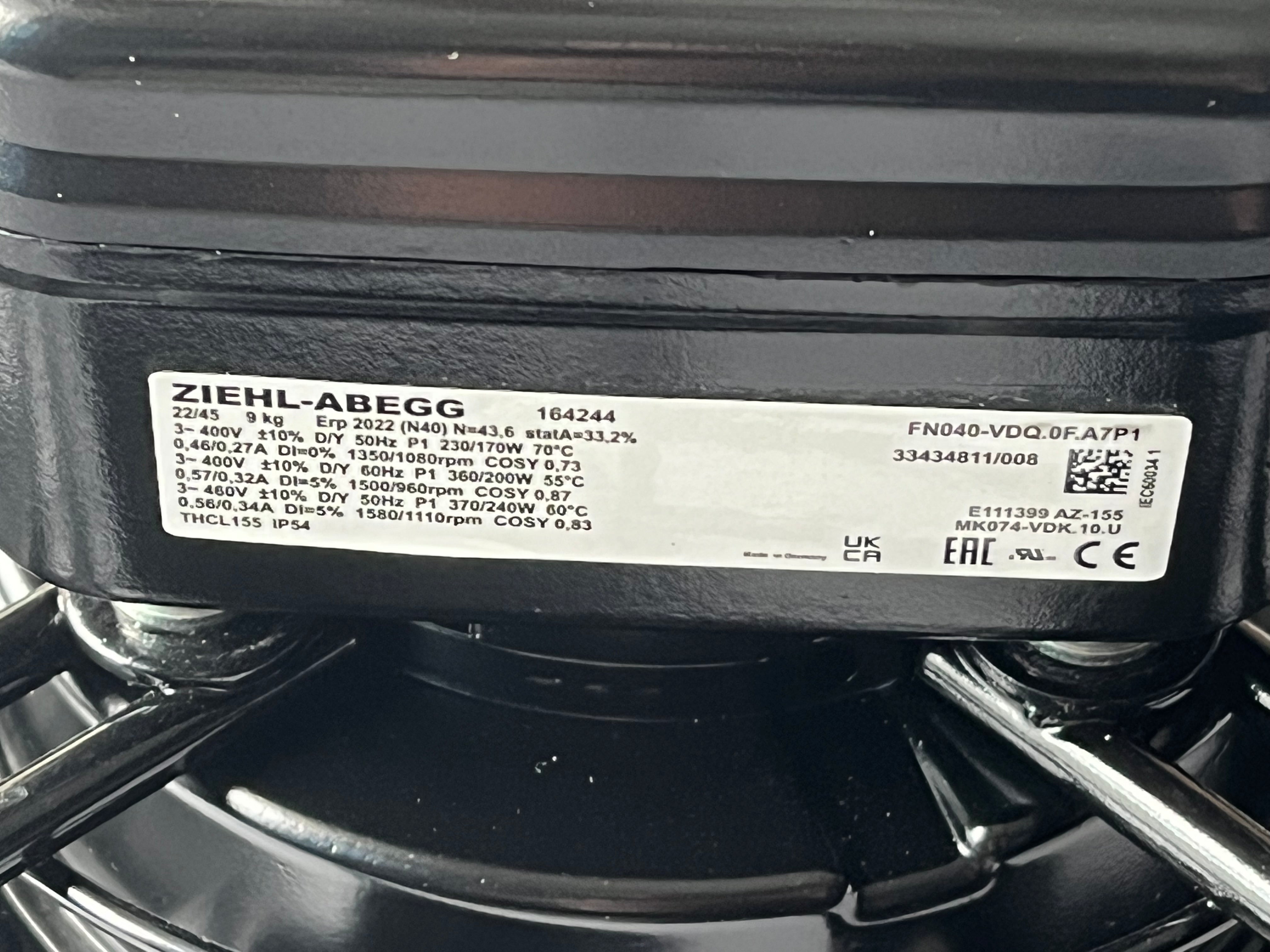 FN040-VDQ.0F.A7P1 ZIEHL-ABEGG Axial Fan 400V 0.18/0.39kW 0.29/0.58A 1020/1560rpm
