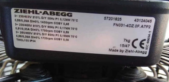 FN031-4DZ.0F.A7P2 ZIEHL-ABEGG Axial Fan 0.12/0.18kW 3-230/400V 0.39/0.68A 1450/1720rpm