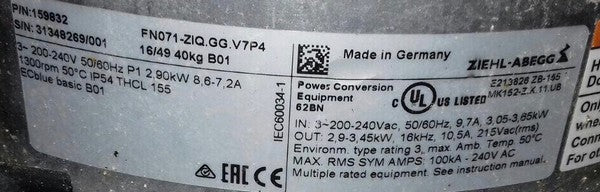 FN071-ZIQ.GG.V7P4 ZIEHL-ABEGG Axial Fan 380/480V 4.6 kW 7.2/5.8 A
