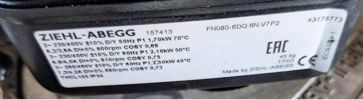 FN080-6DQ.6N.V7P2 ZIEHL-ABEGG Axial Fan 3~400V 2.5/1.7kW 7.3/3.6A 880/800rpm