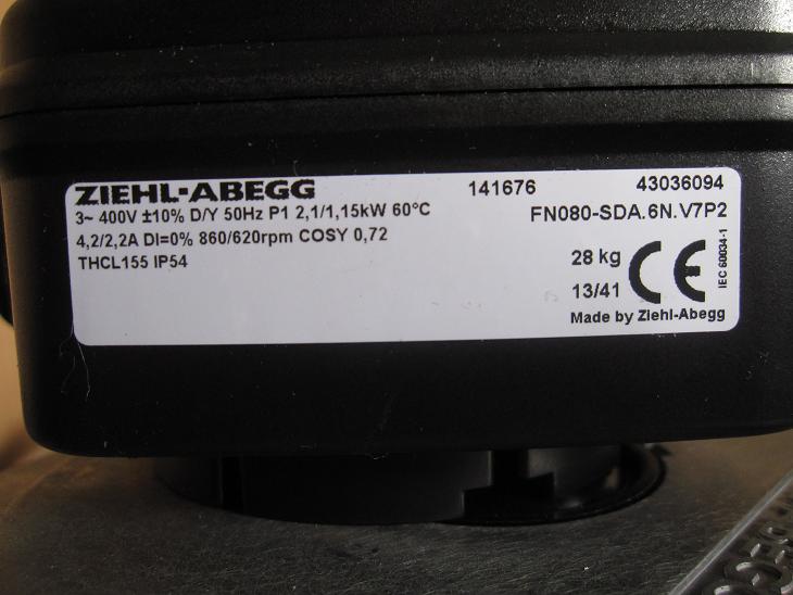FN080-SDA.6N.V7P2  ZIEHL-ABEGG Axial Fan 3-400V 50HZ 2.1 /1.15kW 4.2/2.2A 860/620Rpm