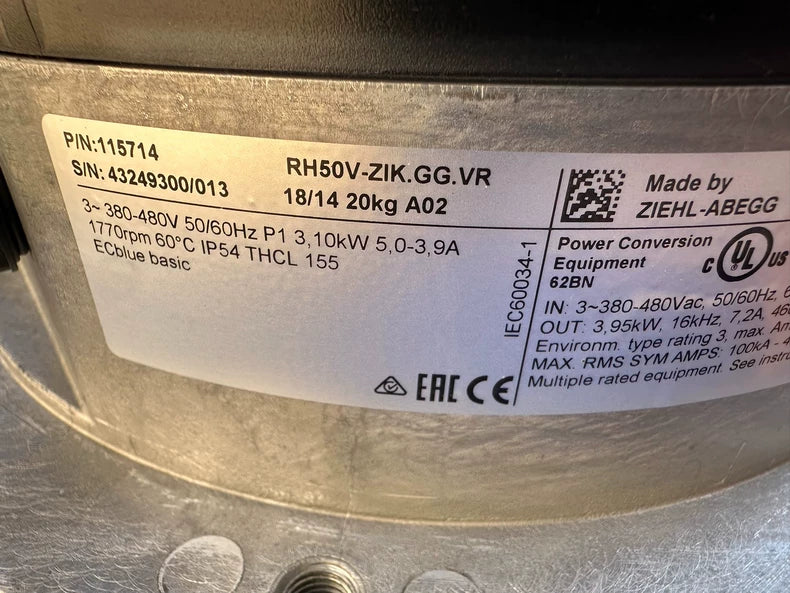 RH50V-ZIK.GG.VR ZIEHL-ABEGG Centrifugal fan 23.1kW 3-380/480V 5.00-3.90A 1770rpm