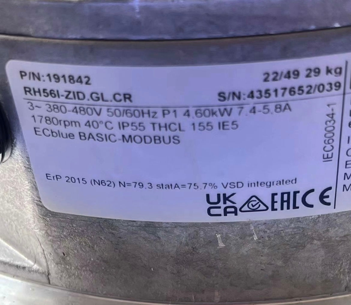 ZIEHL-ABEGG RH56I-ZID.GL.CR Centrifugal Fan | 4.6kW Industrial | 380/480V 3-Phase 11.9/7.6A