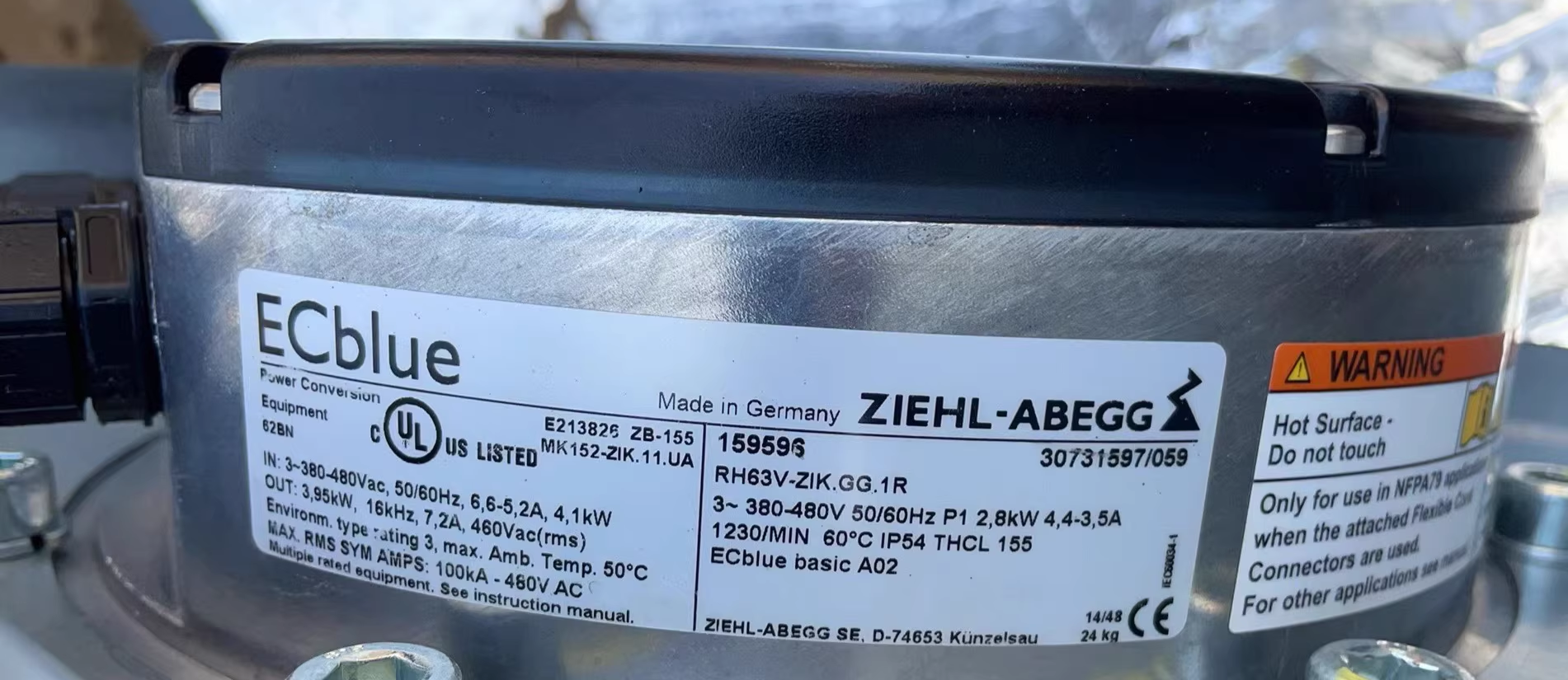 RH63V-ZIK.GG.1R ZIEHL-ABEGG centrifugal fan 2.8kW 3~380/480V 4.4/3.5A 1230rpm