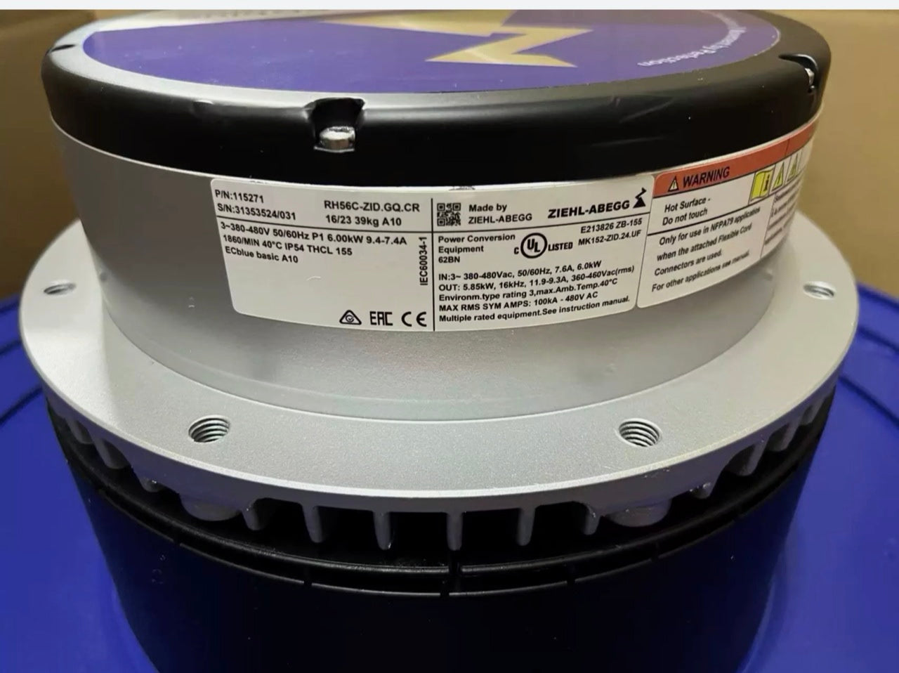 ZIEHL-ABEGG RH56C-ZID.GQ.CR Centrifugal Fan | 6/5.85kW Dual-Power | 1860RPM 380/480V