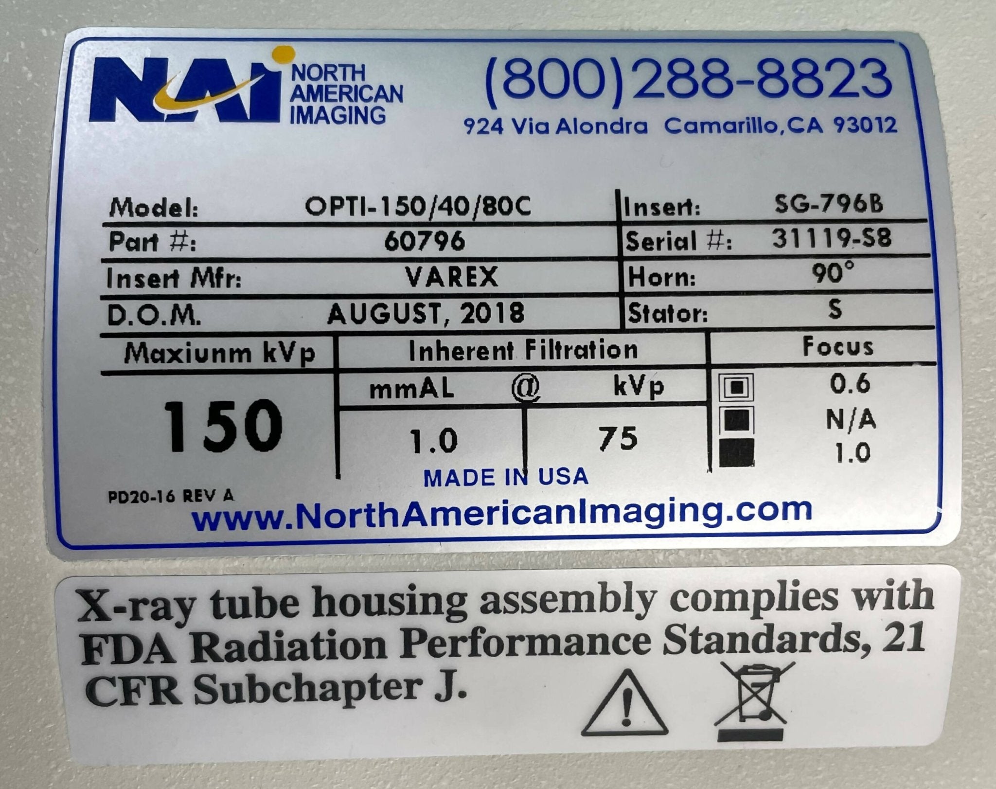 OPTI-150/40/80C VAREX X-RAY TUBE (SG-796B/60796) NAI/VAREX