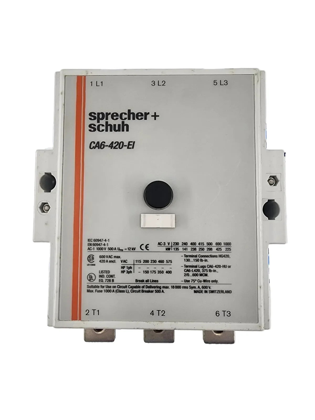 Sprecher + Schuh CA6-420-EI 420A 3-Pole IEC Contactor 208–277VAC Heavy Duty Industrial