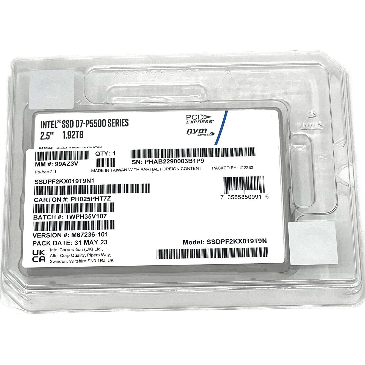 Intel P5500 SSDPF2KX019T9N1 M67236-101 1.92TB PCIe Gen 4.0 x4 8GB/s 3D TLC 1DWPD U.2 NVMe 2.5in Solid State Drive