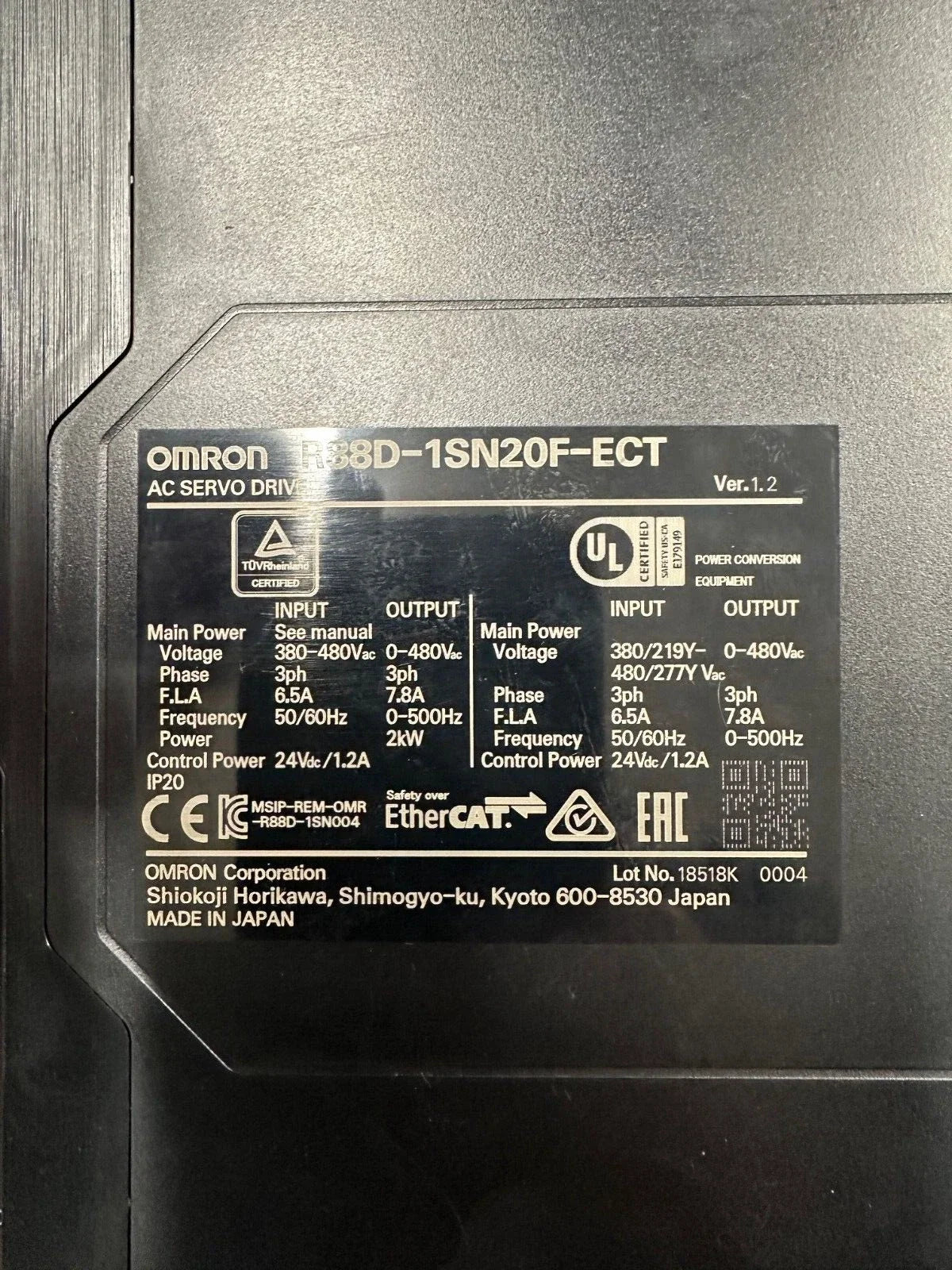 Omron R88D-1SN20F-ECT 1S Servo Drive with EtherCAT Control
