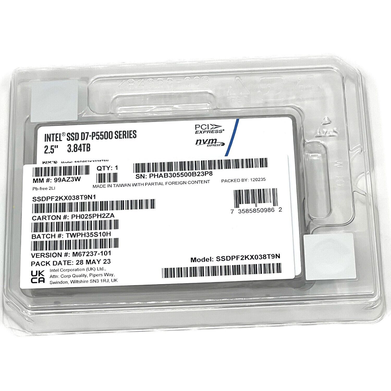 Intel P5500 SSDPF2KX038T9N1 M67237-101 3.84TB PCIe Gen 4.0 x4 8GB/s 3D TLC 1DWPD U.2 NVMe 2.5in Recertified Solid State Drive