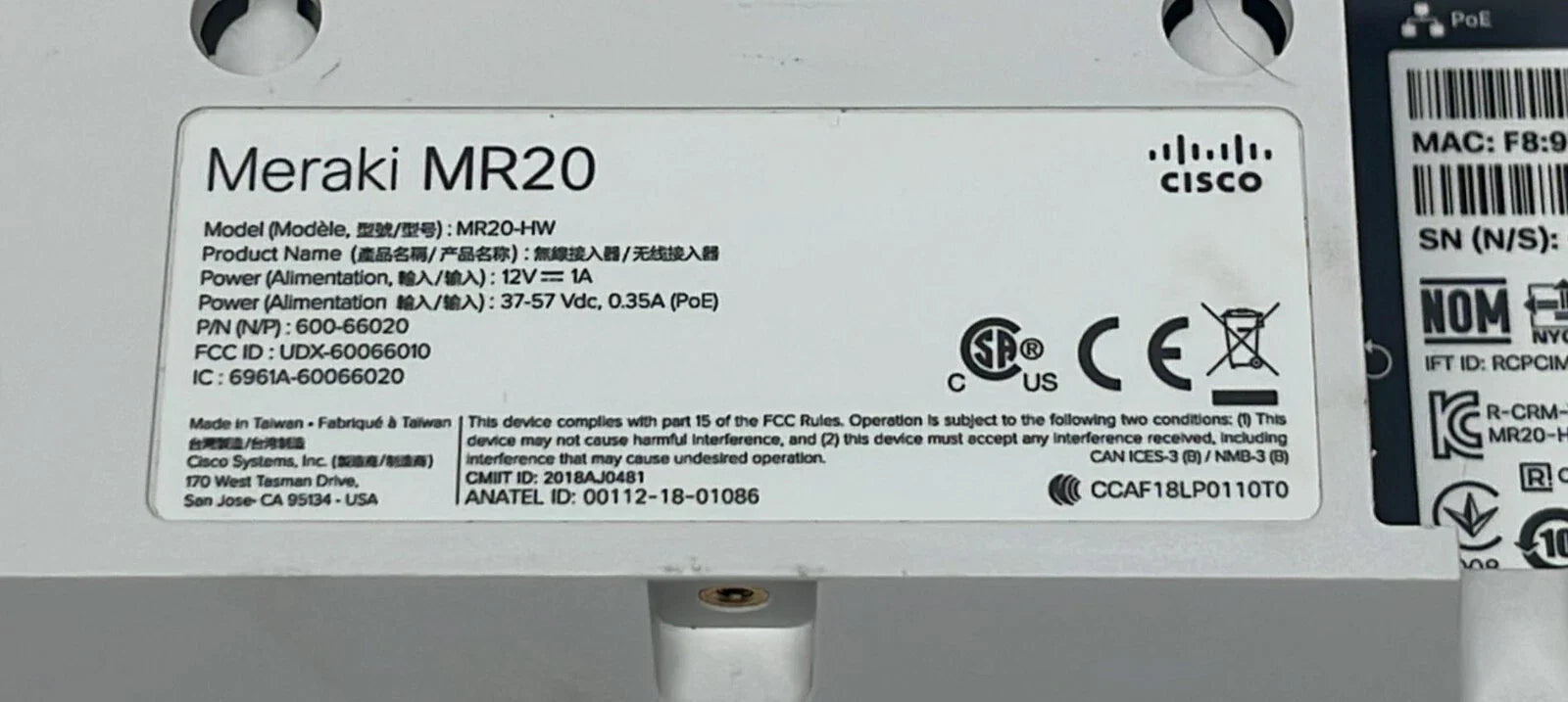 Cisco MR20-HW Cloud-Managed 802.11ac Wave 2 Dual-Band Wireless Access Point