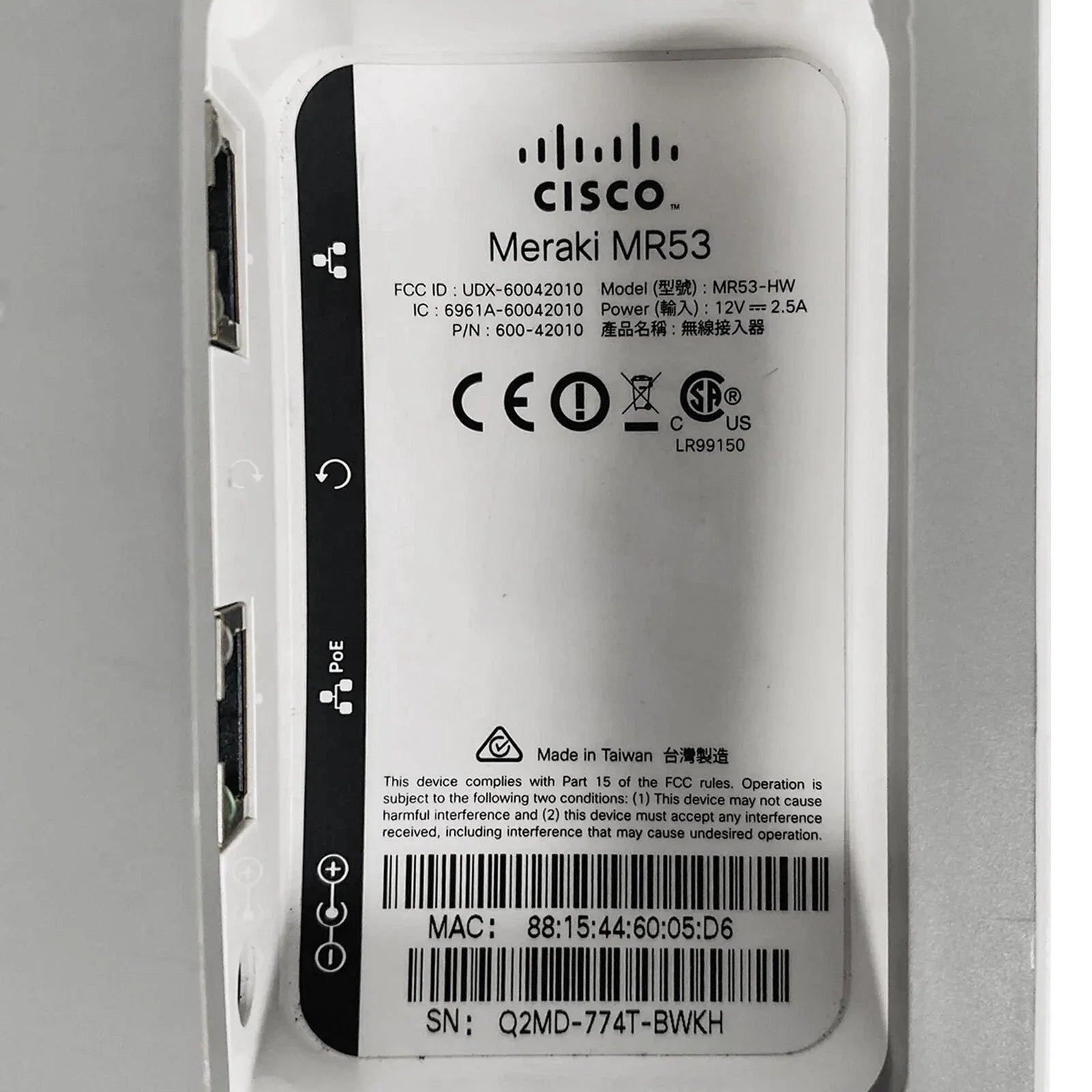 Cisco MR53-HW Meraki Cloud-Managed 802.11ac Wave 2 Indoor Wireless Access Point