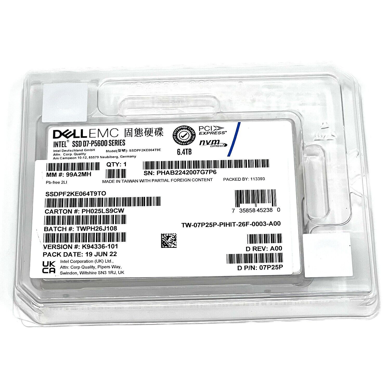 Dell D7-P5600 SSDPF2KE064T9TO 07P25P 6.4TB PCIe Gen 4.0 X4 8GB/s 3D TLC 3DWPD U.2 NVMe 2.5in Refurbished SSD