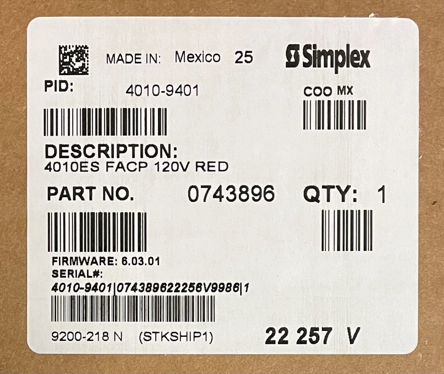 Simplex 4010-9401 4010ES Series Addressable Fire Alarm Control Panel, 998 Points, 8A Power